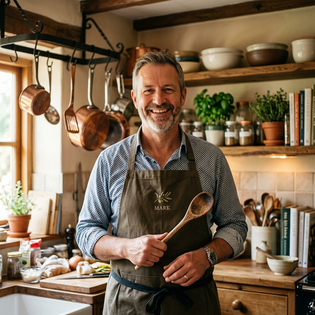 Mark Withey, The Shepherd's Pie Guy, smiling in an apron inside a rustic kitchen.
