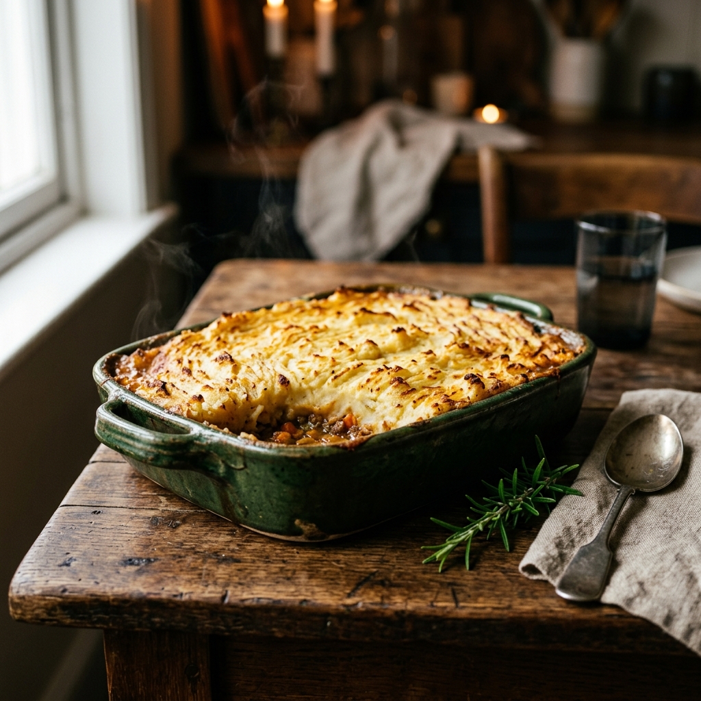 A golden, fork-crimped potato crust on a shepherd's pie baked in a rustic green dish.