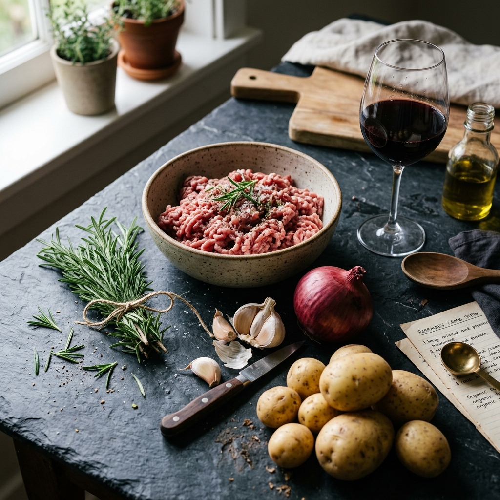 Fresh organic potatoes, rosemary sprigs, garlic cloves, and raw lamb meat.